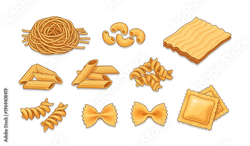 Collection of Variety of pasta shapes and bread.