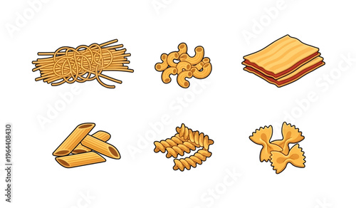 Collection of Variety of pasta shapes and bread.