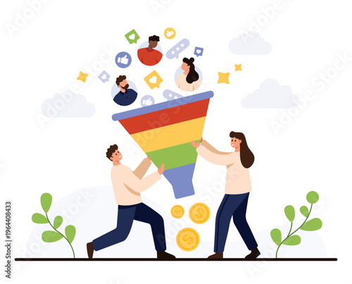 Business people using a colorful funnel to convert social media leads into money, representing digital marketing, sales strategy, and customer acquisition process isolated on white background vector