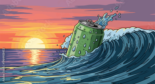A green can being tossed by a large wave at sunset