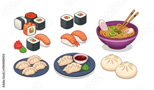 Collection of Variety of Asian dumplings and sushi.
