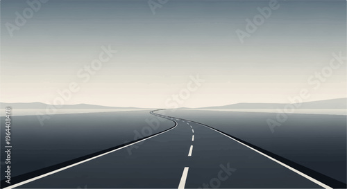 A lonely, winding, empty road stretches into a hazy horizon with distant hills