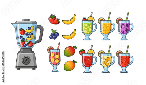 Collection of Blender with fruit and smoothies.