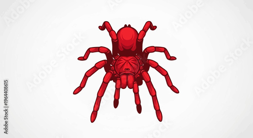 A stylized, cartoonish, vibrant red tarantula with eight legs spread wide