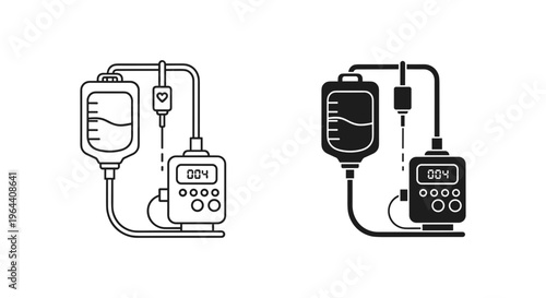 Medical IV infusion pump icons, intravenous drip bag with digital controller vector set, hospital saline therapy equipment in line and silhouette styles