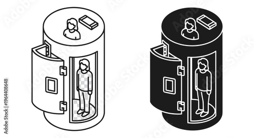 Isometric office phone booth icons, private acoustic work pod for calls, soundproof workspace cabin for remote workers, black and white vector set