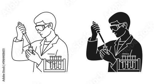 Scientist in lab coat using pipette and test tubes vector, laboratory researcher line art and silhouette icons, medical chemistry professional