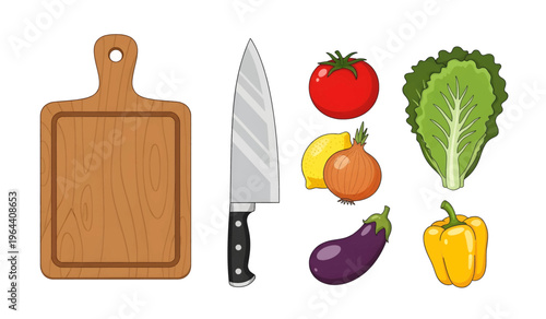 Collection of Kitchen cutting board with knife and vegetables.