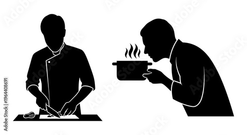 Professional chef silhouette vector set, culinary expert chopping vegetables and smelling hot soup, restaurant kitchen staff icons