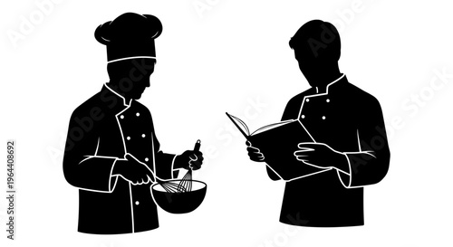 Professional chef silhouettes in uniform, culinary experts cooking with whisk and reading recipe book, restaurant kitchen staff vector icons