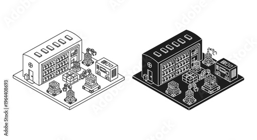 Isometric smart factory vector illustration, automated industrial warehouse with robotic arms, modern manufacturing plant line in line art and solid black