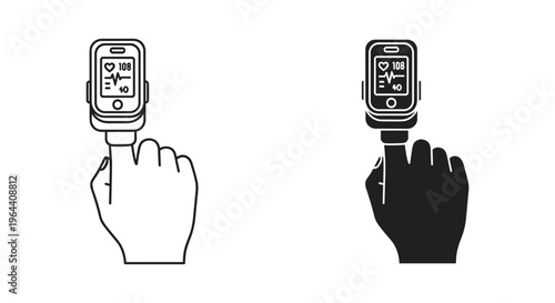Pulse oximeter on finger vector icon set, medical oxygen saturation monitor illustration, heart rate measurement device in line and silhouette styles