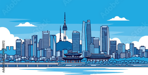 A vibrant blue cityscape with modern skyscrapers and traditional buildings