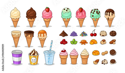 Collection of Colorful Ice Cream Cones and Sweets.