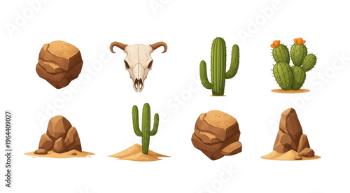 Collection of Cactus Rock Desert Landscape Elements.
