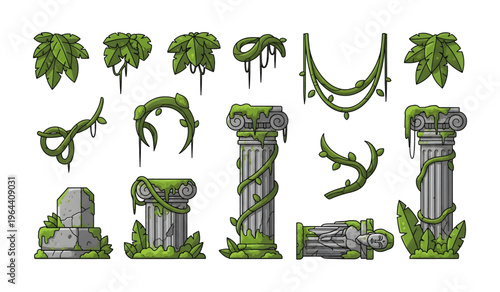 Collection of Ancient stone columns with green vines.