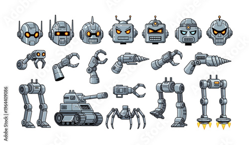 Collection of Robotic parts and futuristic machine components.