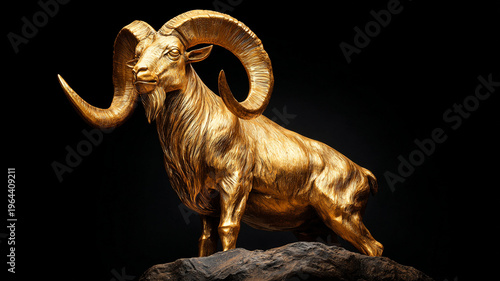 Chinese New Year. 2027. The Year of the goat.  A golden statue of a ram with large curved horns, standing on a stone against a dark background.