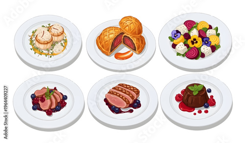 Collection of Variety of delicious food on plates.