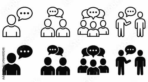 Communication icon set showing people talking, group discussion and collaboration. Vector icons for business communication, teamwork, meetings, negotiation, social interaction and user interfaces.
