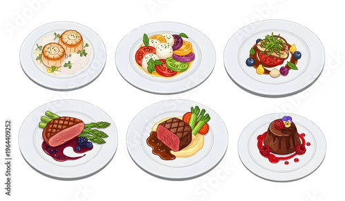 Collection of Variety of food on white plates.