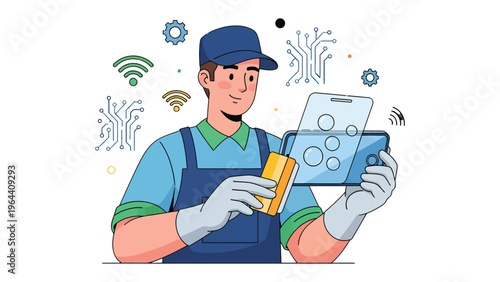 Smart Device Technician's Touch: A dedicated technician meticulously applies a protective screen to a smart device, symbolizing care, precision, and the fusion of technology with human expertise.