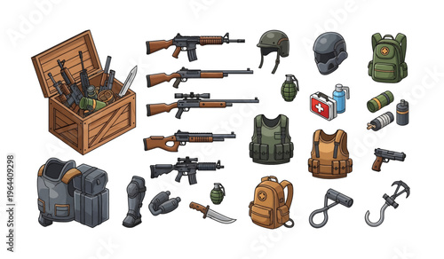 Collection of Military weapons and gear collection.