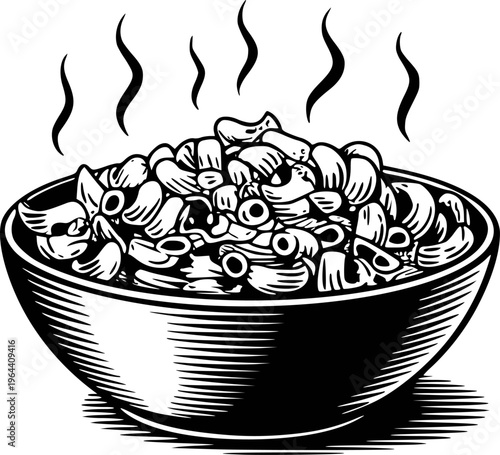Black and white of a steaming bowl of elbow macaroni pasta a white background food
