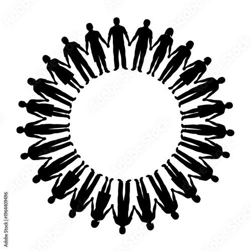 Black silhouettes of people standing in a circle holding hands