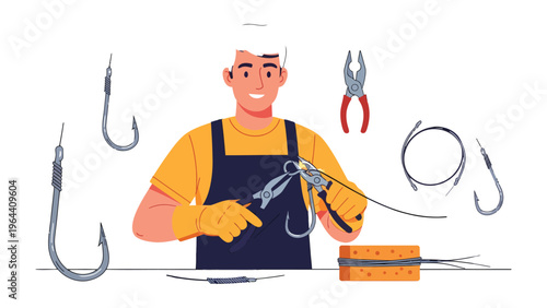 Angler with Fishing Gear: An angler meticulously prepares fishing tackle, showcasing the art of angling and patience.