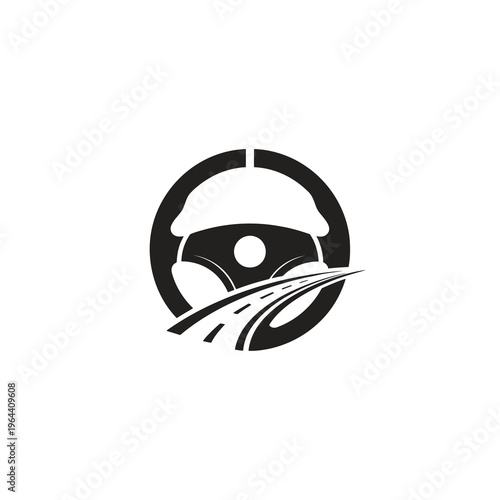 Black and white icon of a steering wheel with a road