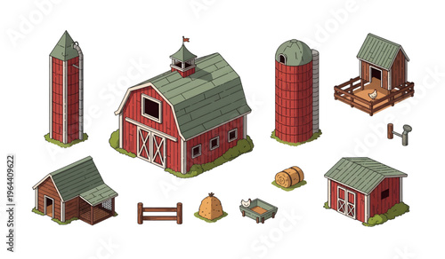 Collection of Red Barn Farm Buildings And Structures.