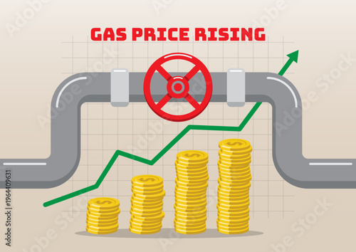 Gas Price Rising Concept: Industrial Pipeline with Red Valve and Growing Stack of Gold Coins