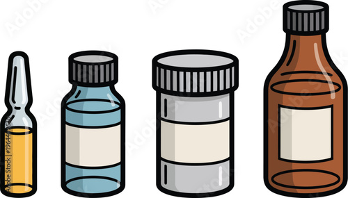 Medical bottles and vials vector flat style illustration isolated on white background, pharmacy medication containers, drugstore concept, apothecary prescription medicament, ampules and glass flagons,