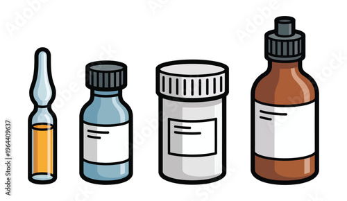 Medical bottles and vials vector flat style illustration isolated on white background, pharmacy medication containers, drugstore concept, apothecary prescription medicament, ampules and glass flagons,