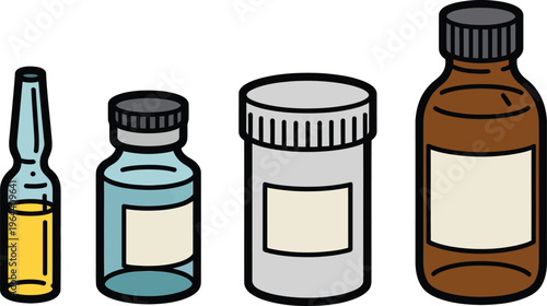 Medical bottles and vials vector flat style illustration isolated on white background, pharmacy medication containers, drugstore concept, apothecary prescription medicament, ampules and glass flagons,