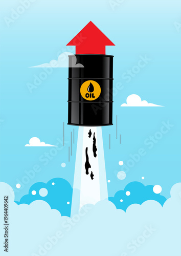 Oil Price Surge Concept Illustration: Fuel Barrel Rocketing Upwards with Growth Arrow