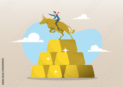 Gold Bull Market Concept: Businessman Riding Golden Bull Statue Atop Stack of Gold Bars