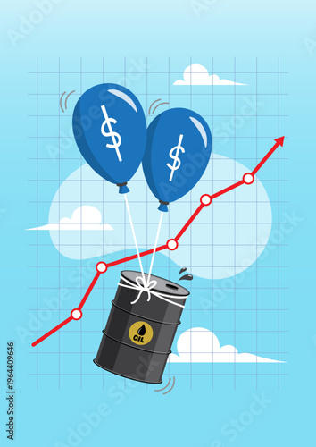 Rising Oil Prices Concept: Crude Oil Barrel Floating with Blue Dollar Balloons and Growth Chart