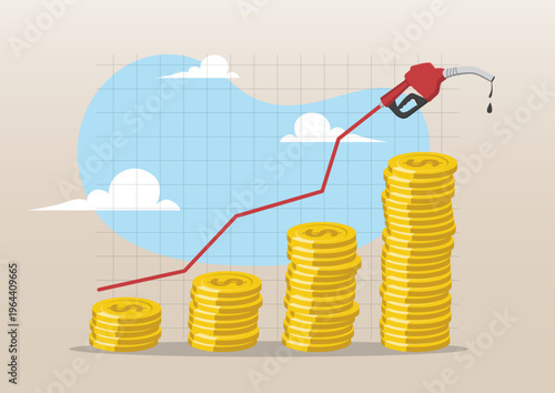 Fuel Price Inflation Concept: Red Gasoline Nozzle with Rising Profit Graph and Coin Stacks