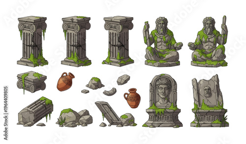 Collection of Ancient stone temple ruins artifacts.