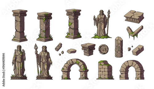 Collection of Ancient stone statue and column pieces.