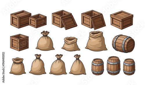 Collection of Wooden crates and barrels containers.