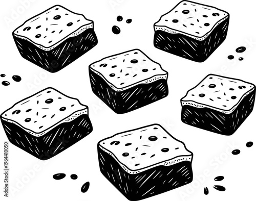 Hand Drawn Black and White Brownie Squares Scattered White Background chocolate dessert