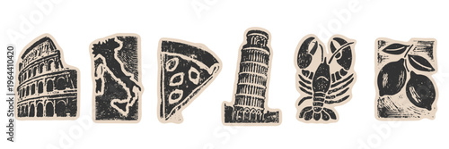 Vintage italian travel icons set with colosseum pizza map leaning tower lobster and lemons in retro linocut stamp style illustration