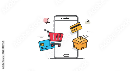 Mobile E-commerce Concept Illustration with Smartphone Shopping Cart Credit Cards and Delivery Box