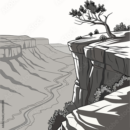 Black and white illustration of a tree on a cliffside overlooking a canyon with a river