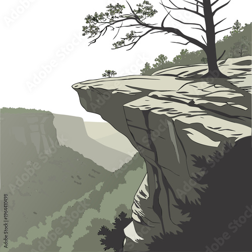 A stunning cliffside landscape with a tree on the edge of a rocky outcrop overlooking a valley