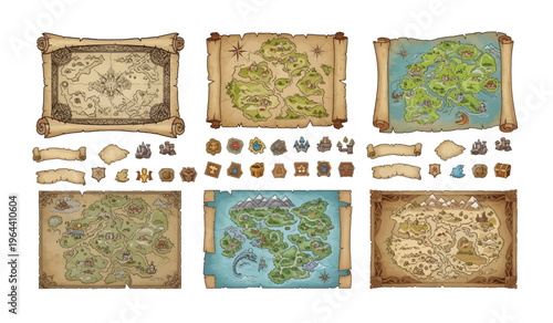 Collection of Vintage treasure maps and tokens.
