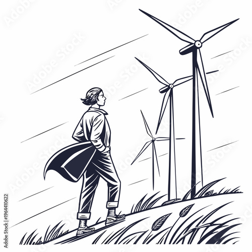 A man in a cape standing on a hill looking at wind turbines on a windy day